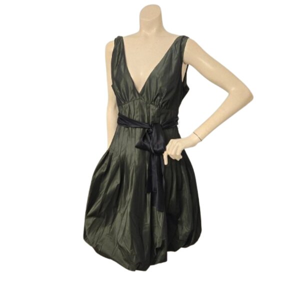 JNY Emerald Green Olive Fitted Bubble Hem Cocktail Dress Bubble Skirt Satin - Picture 1 of 9